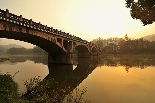 bridge, morning, calm, lake, sunrise, calm morning, nature, the morning sun, river, light, view