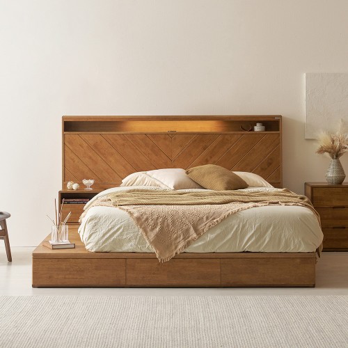 모브 조명 헤링본 원목 침대 프레임 다리형 퀸 킹 사이즈 Q/K공용 대표 이미지